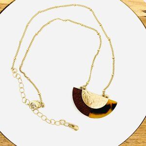 Tortoise Wood + Gold Crescent Pendant Necklace